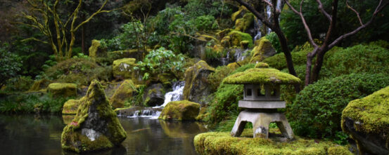 Image of the Portland Zen Garden with a waterfall in the background and mossy pagoda in the front.